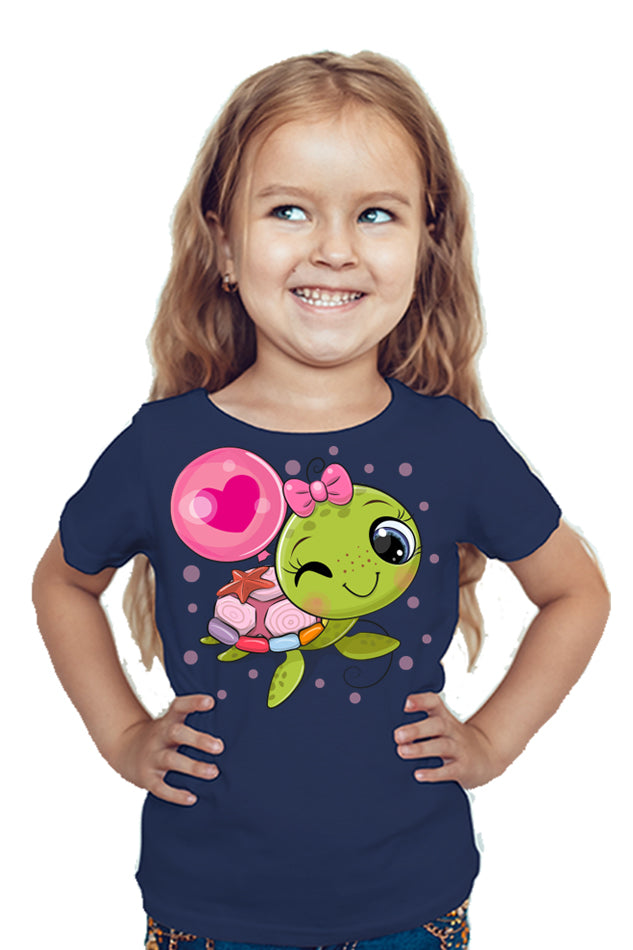 Cute Turtle With Balloon - Kid's Round Neck Half Sleeve T-Shirt (Girl)