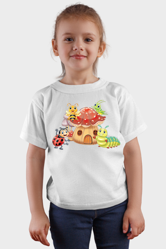 Funny Insects with Mushroom House White - Kid's Round Neck Half Sleeve T-Shirt
