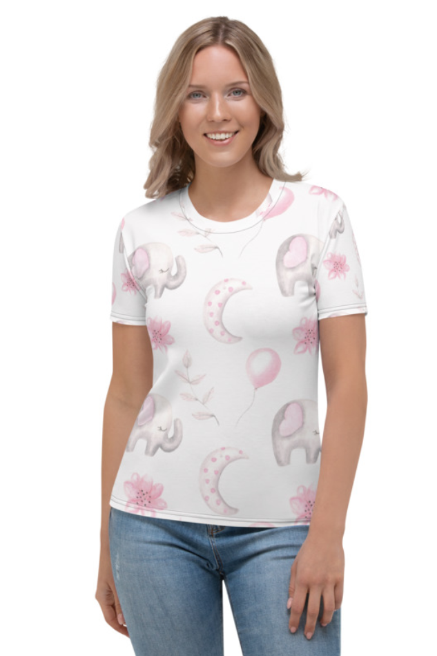 Happy Moon and Elephant Print - Women's All Over Printed Half Sleeve T-Shirt