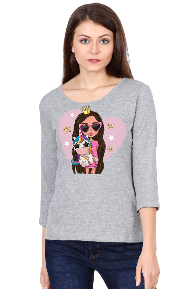 Lovely Girl With Baby Unicorn - Women's Round Neck Full Sleeve T-Shirt