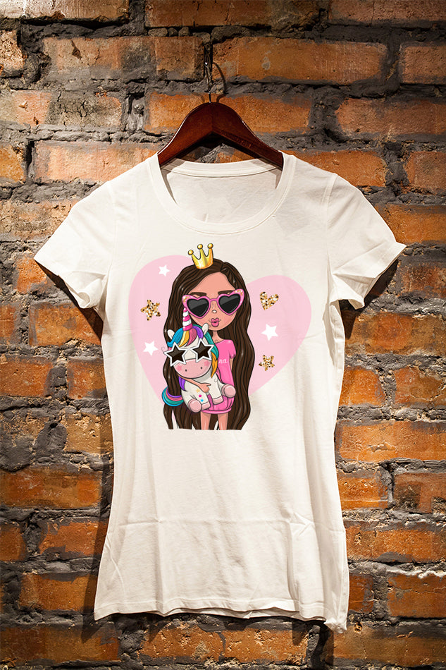 Lovely Girl With Baby Unicorn - Women's Round Neck Half Sleeve T-Shirt