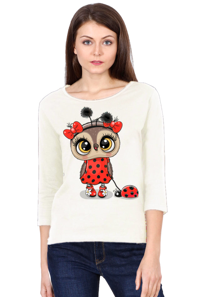 Owl and Lady Bug - Women's Round Neck Full Sleeve T-Shirt