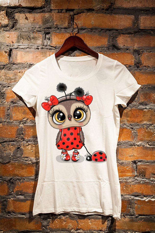 Owl and Lady Bug - Women's Round Neck Half Sleeve T-Shirt