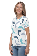 Load image into Gallery viewer, Playful Dolphins Pattern - Women&#39;s All Over Printed Half Sleeve T-Shirt
