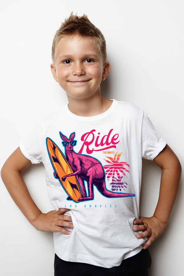 Surfing Kangaroo - Kid's Round Neck Half Sleeve T-Shirt (Boy)