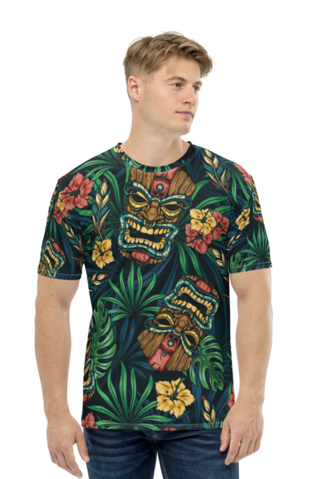 Tribal Tiki Mask Hibiscus Flowers - Men's All Over Printed Half Sleeve T-Shirt