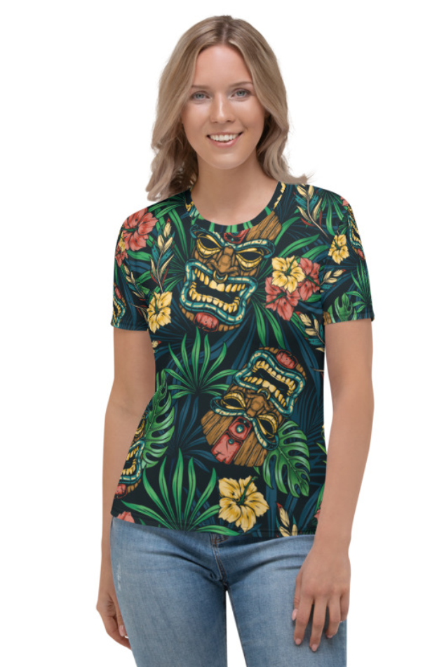 Tribal Tiki Mask Hibiscus Flowers - Women's All Over Printed Half Sleeve T-Shirt